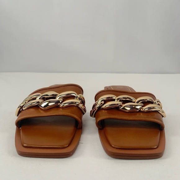 Zara Square Toe Vegan Leather Gold Chain Slides in Brown Size 7.5 or 38 - Picture 5 of 12